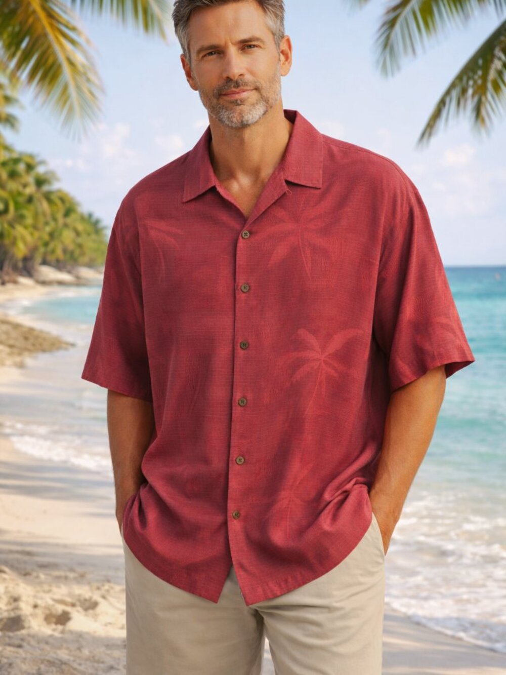 Tommy Bahama Red Palm-Print Casual Button-Down Shirt